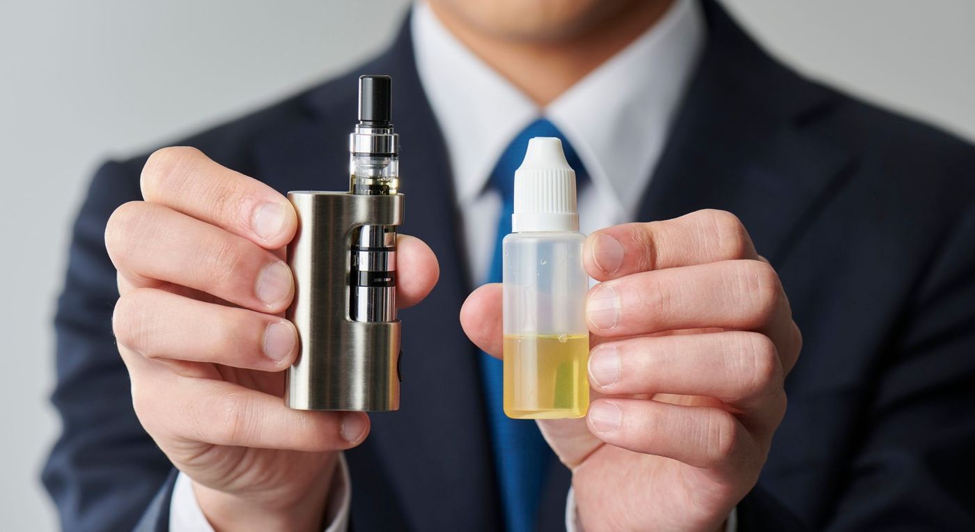Man in business attire holding up vape and liquid