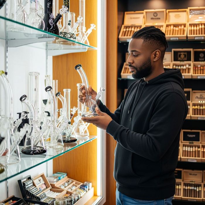 A man looking at a selection of glass bongs