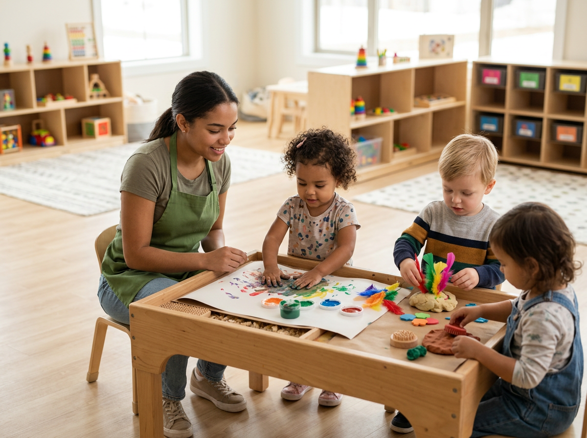 Teacher and toddlers doing arts and crafts