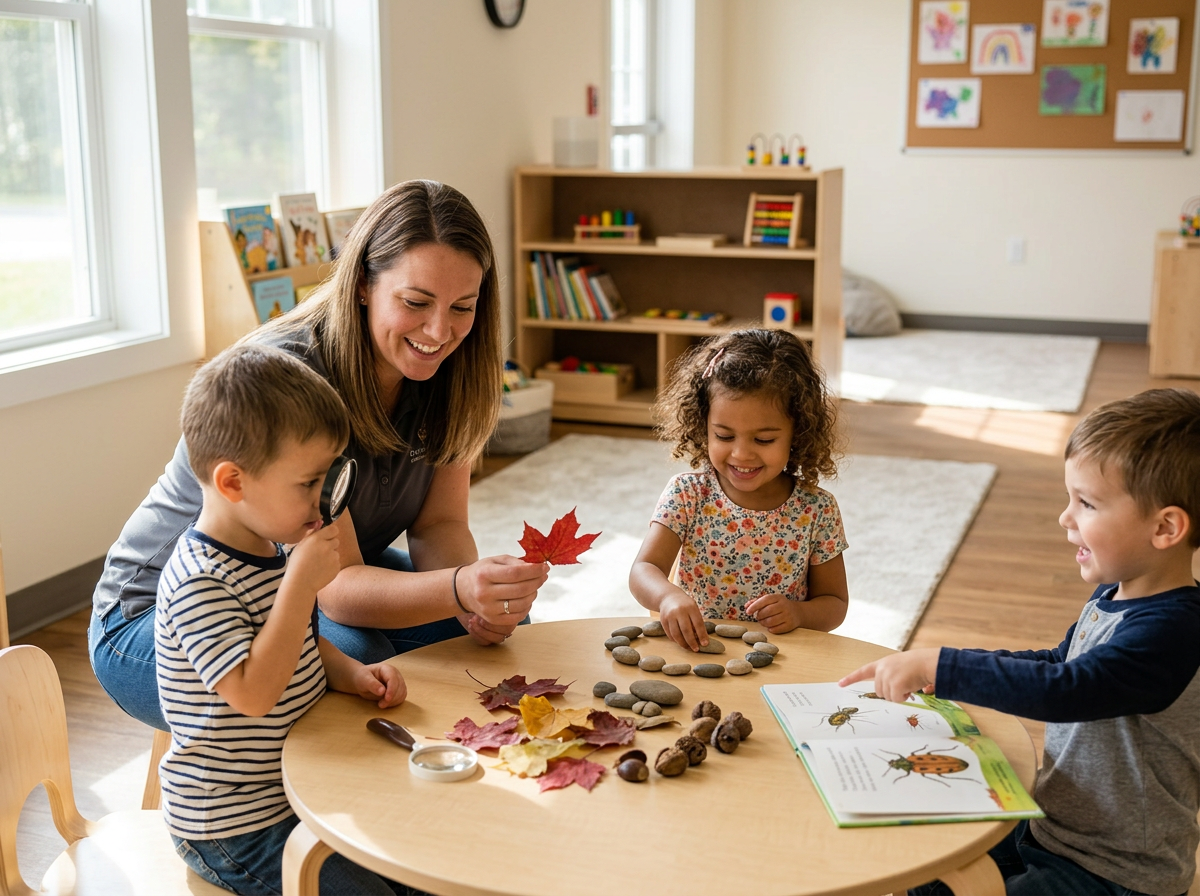A happy teacher guides three young children exploring autumn leaves, stones, and a book with magnifying glasses at a round table. Children exploring nature with teacher
