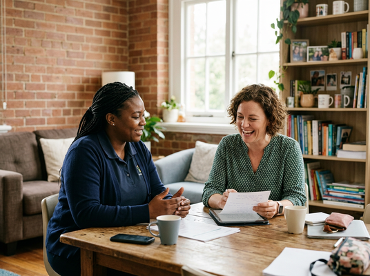 A Black woman and a white woman laughing and smiling while discussing documents at a wooden table in a cozy home office setting. Two Women Collaborating and Laughing at a Table