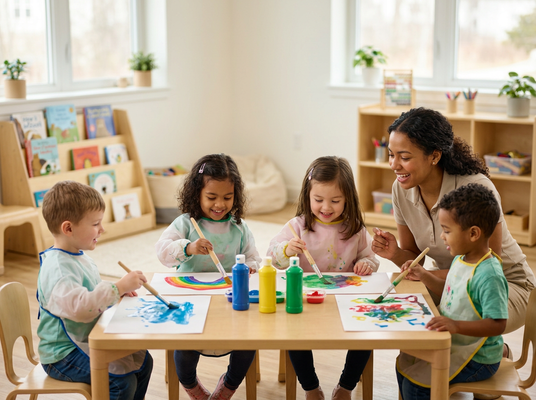 A smiling female teacher supervises four happy preschool children as they paint colorful pictures at a wooden table in a well-lit classroom. Diverse children painting in a bright classroom with their teacher
