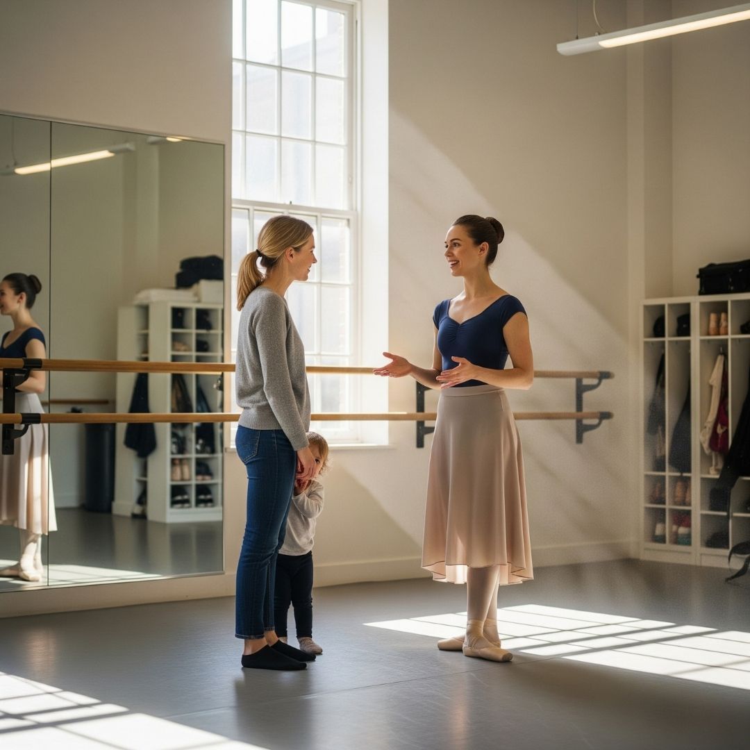 A parent and dance instructor have a friendly conversation in a brightly lit dance studio.