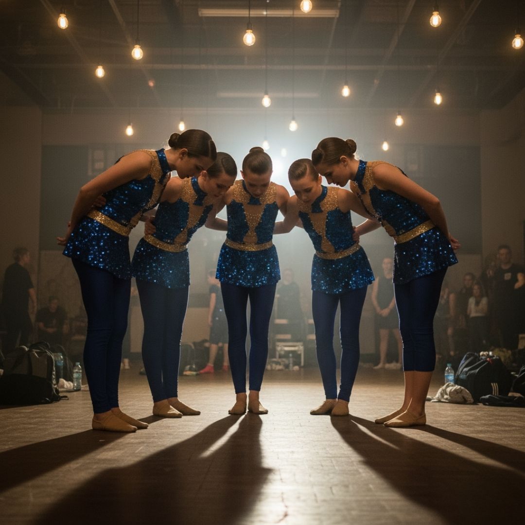 dance team preparing for performance in a huddle