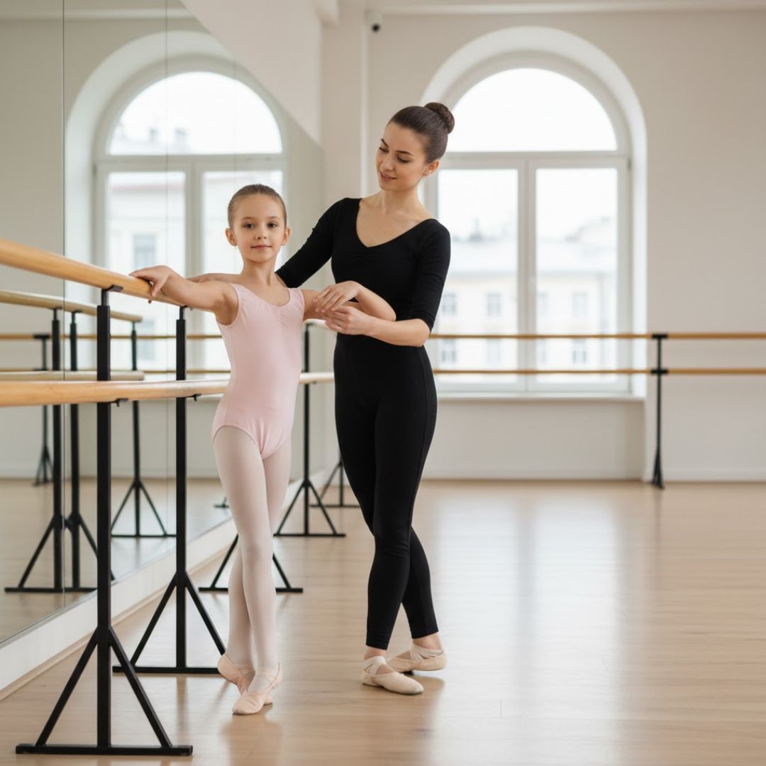 Young girl in a pink leotard at a ballet barre with a female instructor gently guiding her form