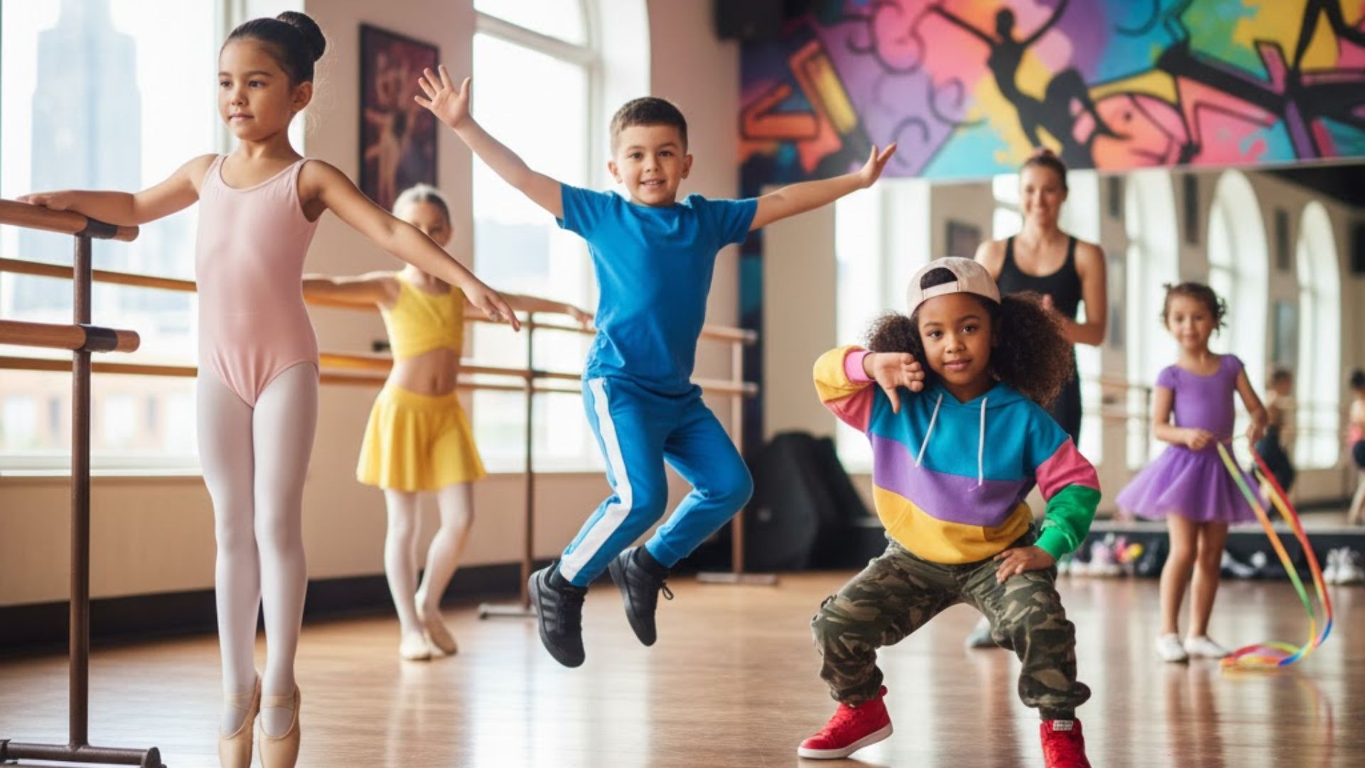 Diverse group of young children in a bright dance studio, some in ballet attire at a barre, one in athletic wear mid-jump, and another in hip hop style posing