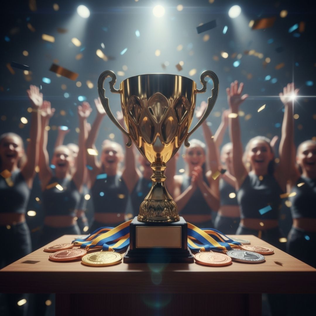 competitive dance team celebrating trophy