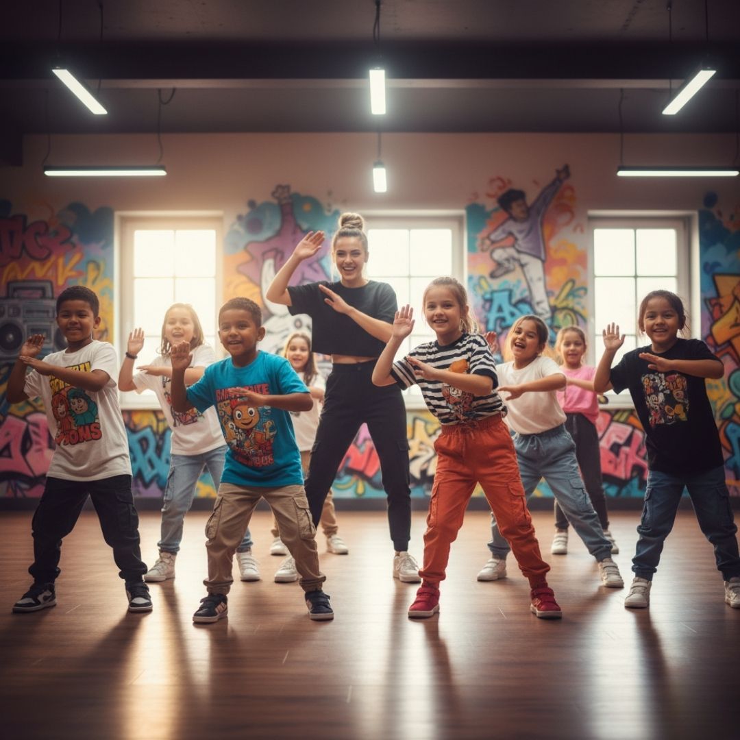 happy students practicing hip hop dance