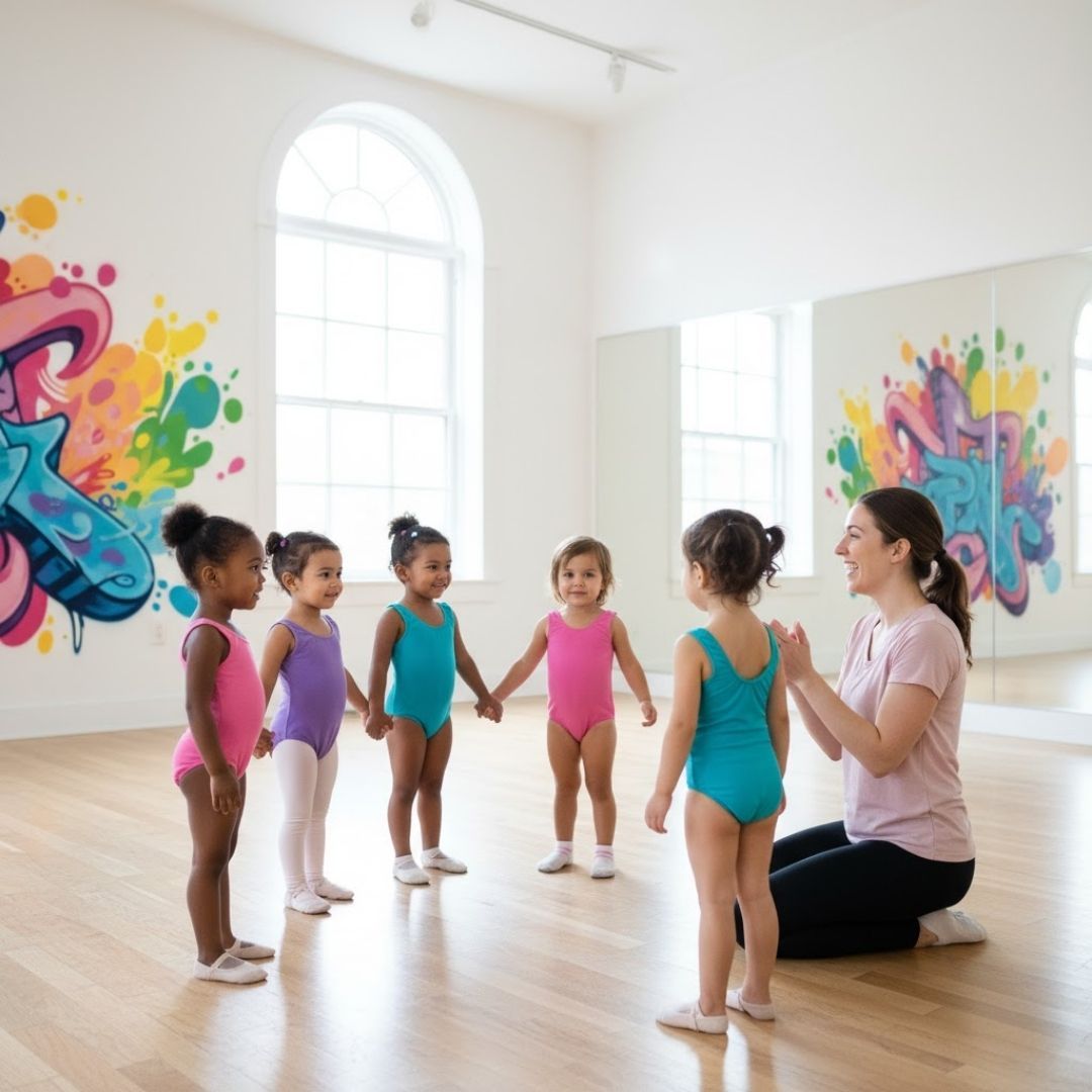 Group of diverse toddler girls in leotards holding hands in a circle, facing their clapping and smiling teacher