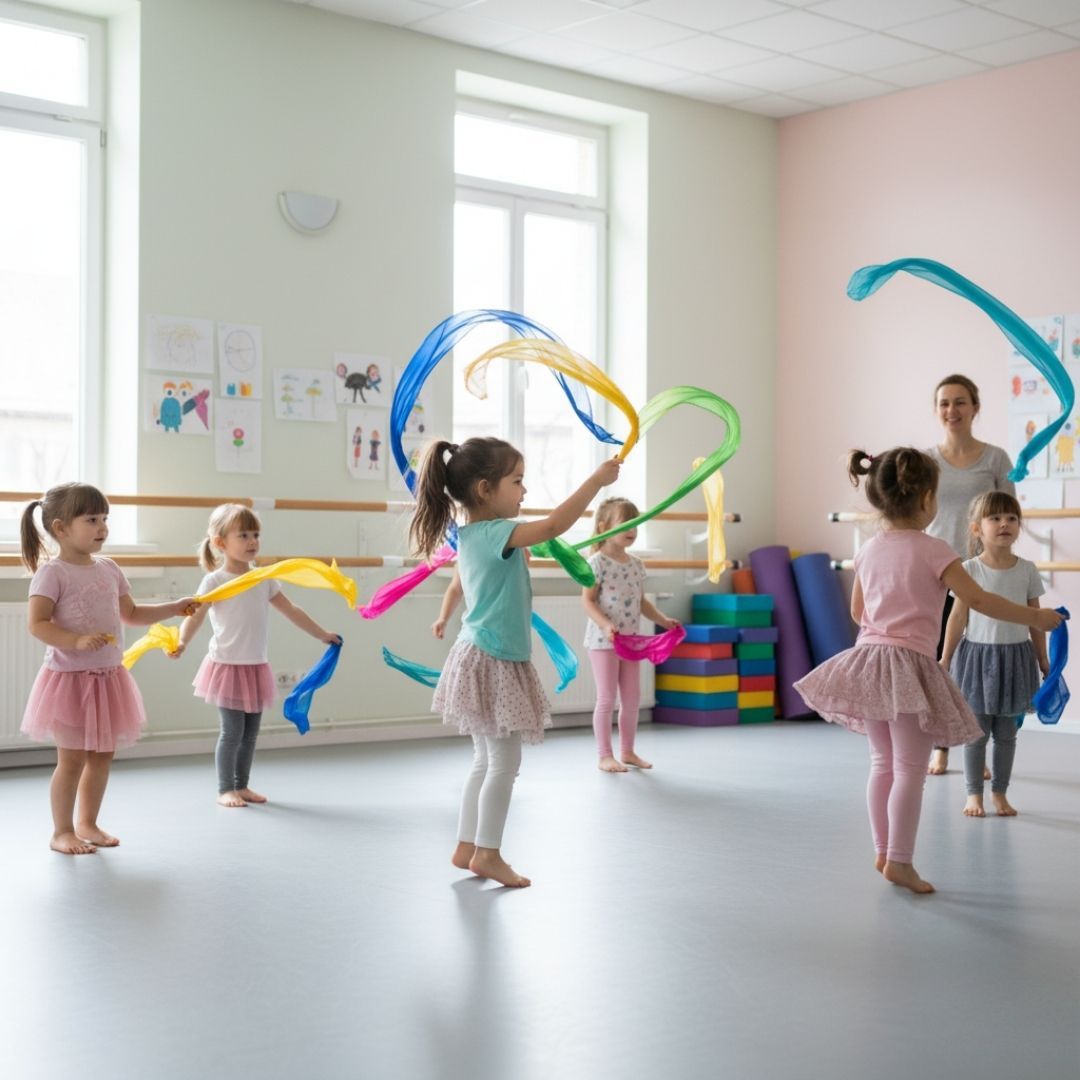 recreational kid's dance class playing with ribbons