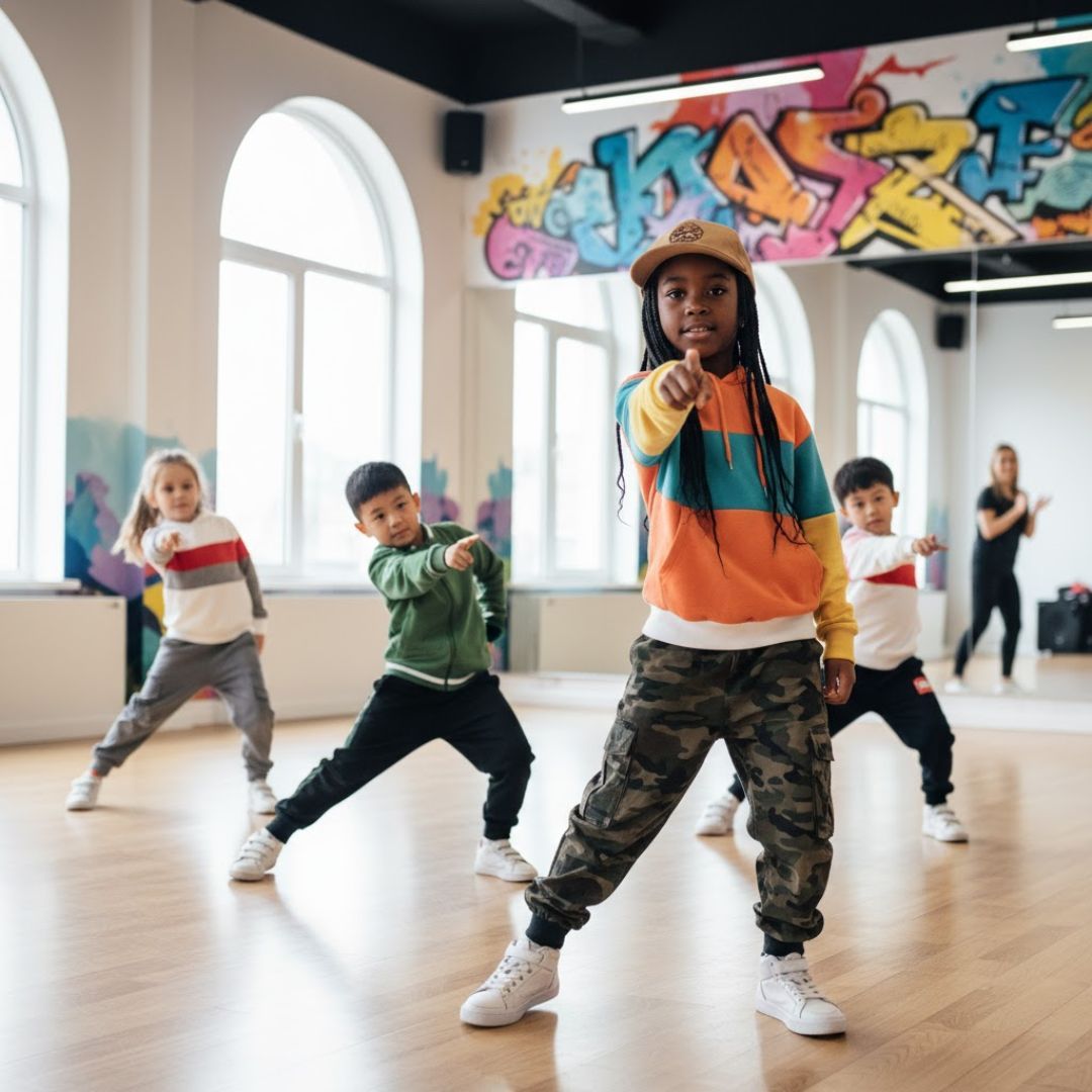 young children in hip hop style clothing striking a pose in a vibrant dance studio
