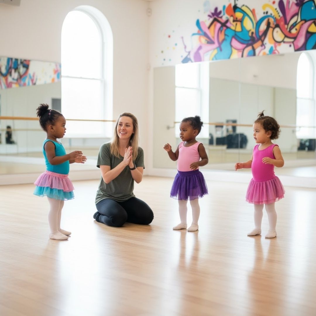 Female dance teacher clapping and smiling at three toddler girls in colorful leotards in a dance studio