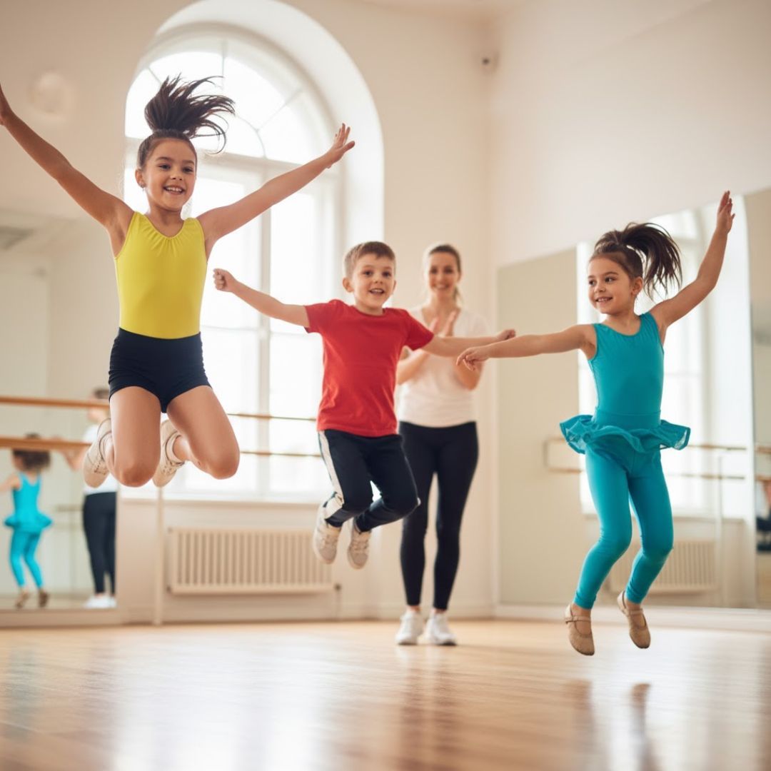 Three energetic children jumping in a dance studio, with a smiling instructor in the background