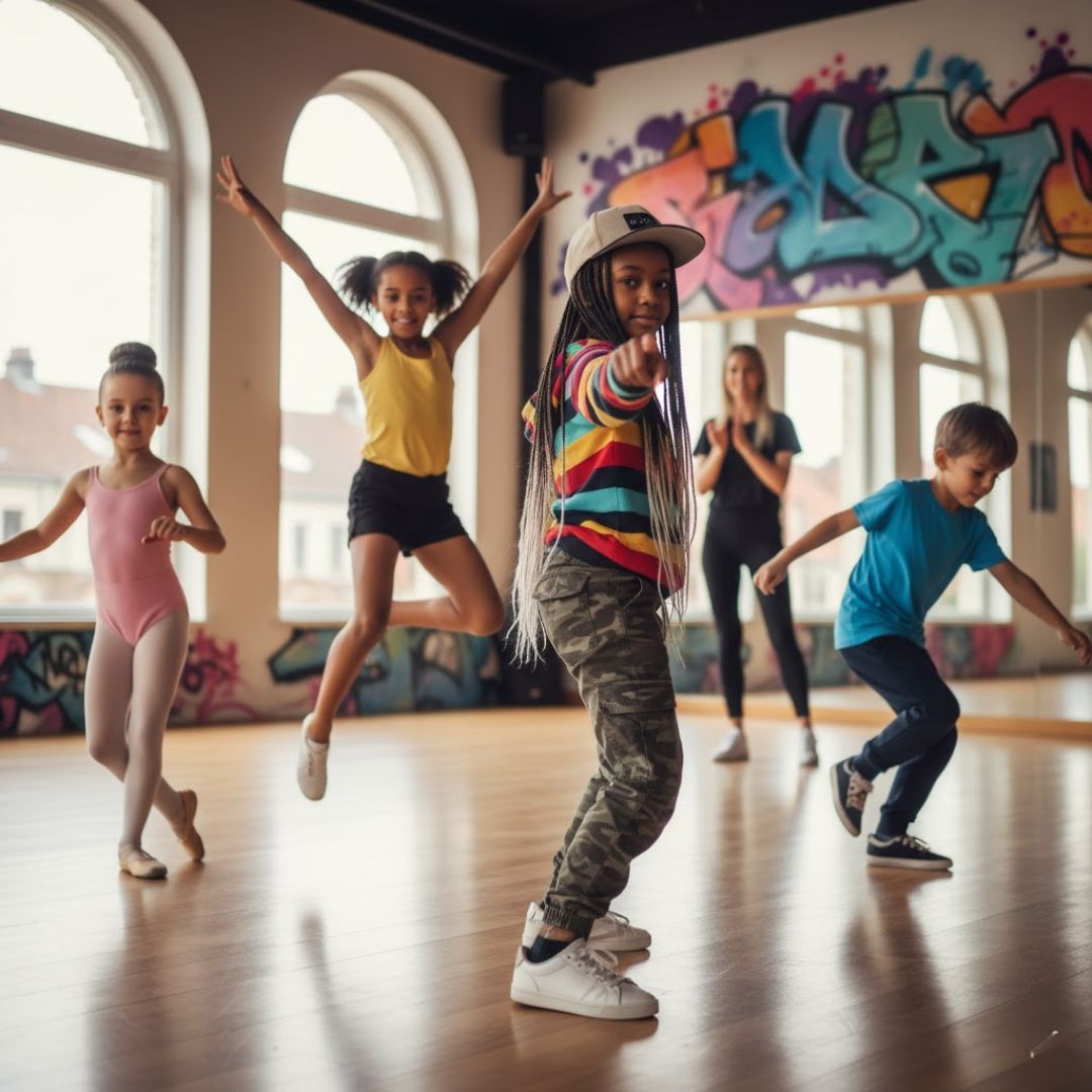 Group of happy children in various dance attires expressing themselves freely in a bright dance studio