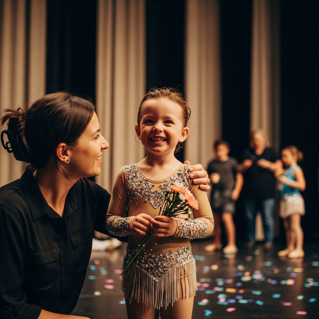 A proud parent smiles at their child who is beaming with joy after a dance performance.