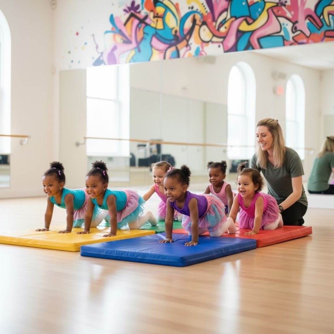 Toddler girls in leotards crawling on colorful mats in a dance studio, guided by a smiling female teacher