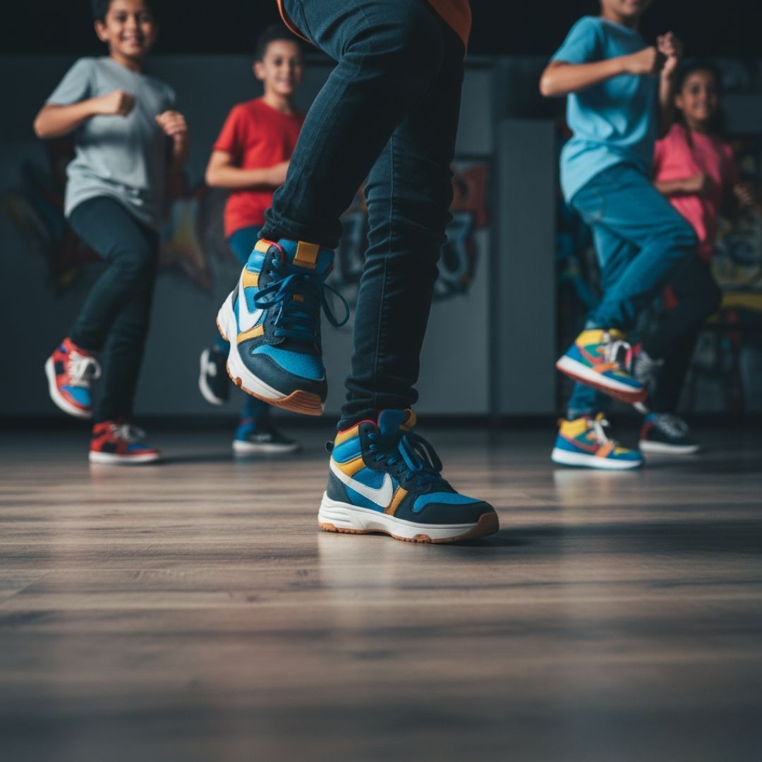 close up of kid's footwork during dance 
