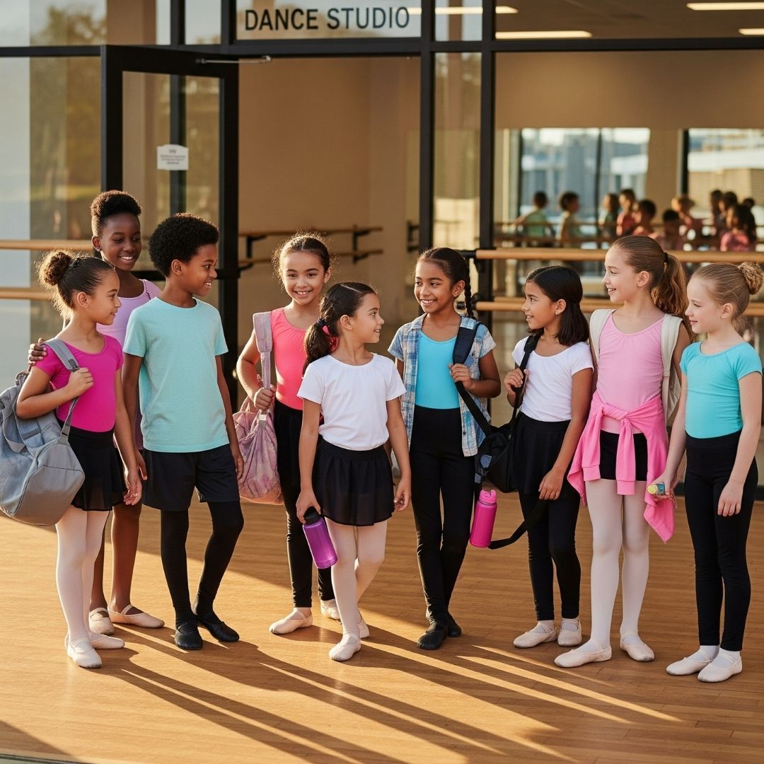 A diverse group of young dancers smile and chat with each other outside of a studio.