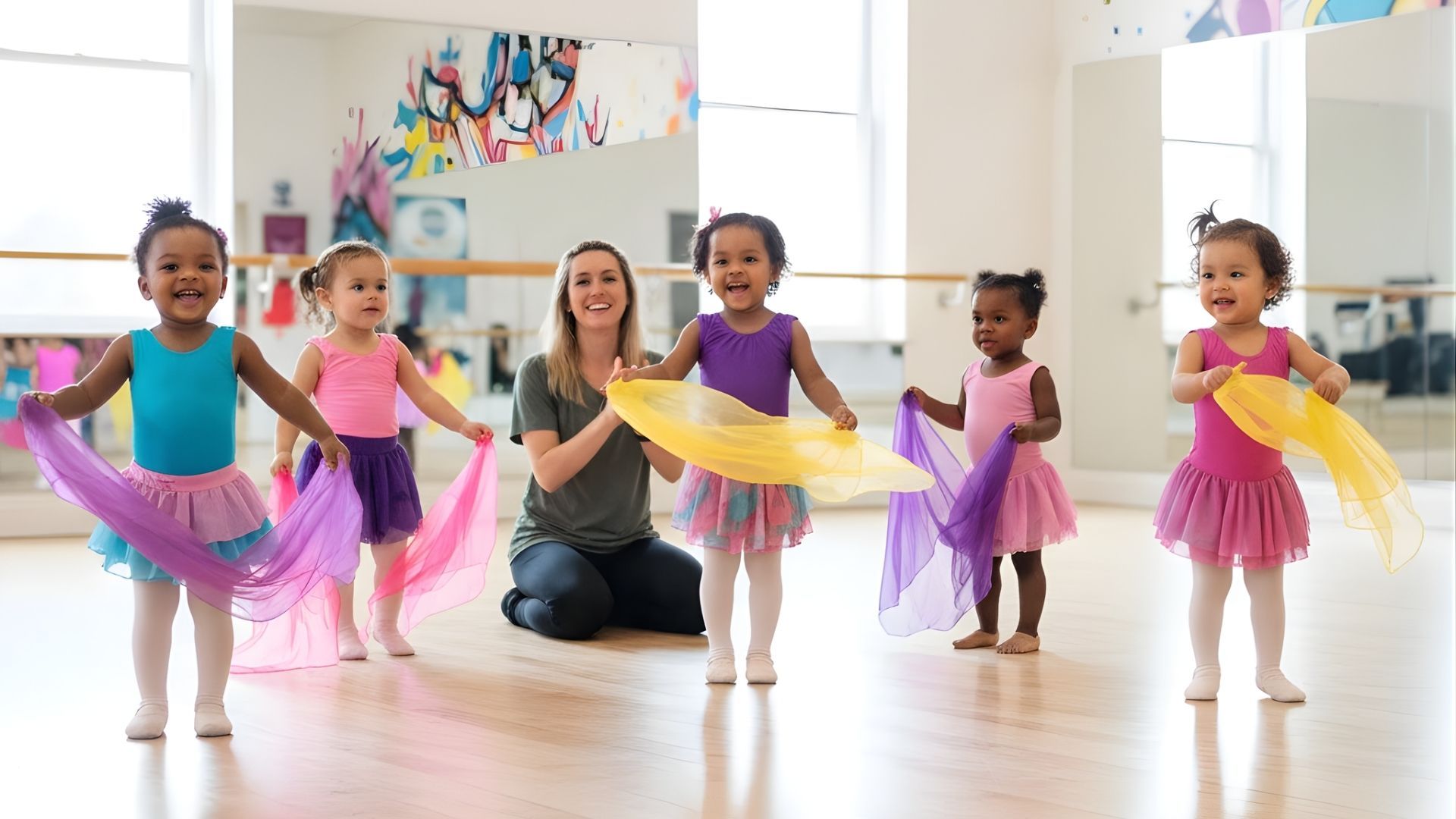 Group of happy toddler girls in colorful leotards holding scarves, dancing with a smiling teacher in a brightly lit studio