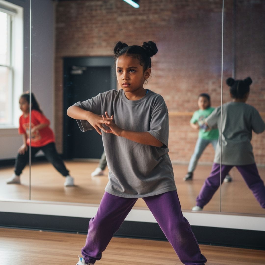 young girl focusing in on dance move 