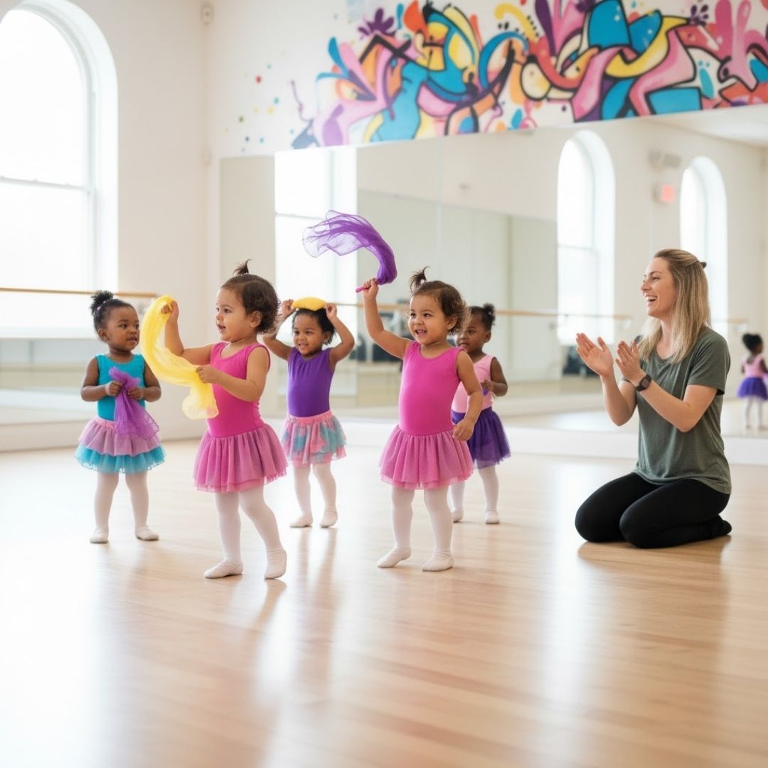 Toddler girls in bright dance outfits waving colorful scarves in a dance studio with their smiling teacher