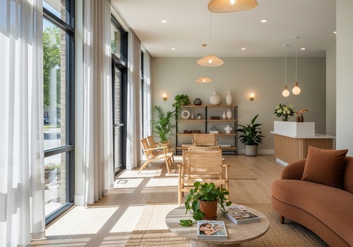 Modern and welcoming boutique wellness clinic interior with natural lighting. Modern and welcoming boutique wellness clinic interior with natural lighting.