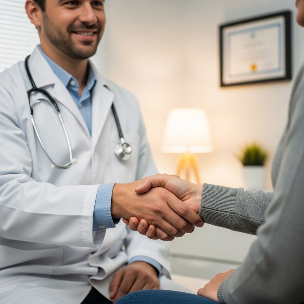 Handshake between a medical professional and a patient, symbolizing a consultation.