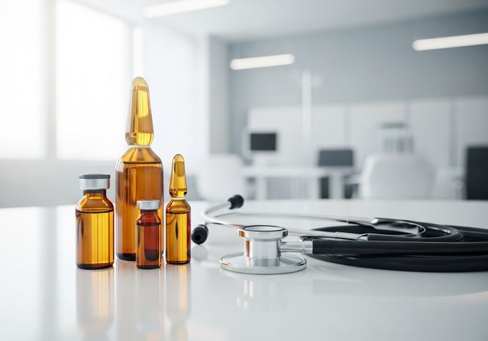 Professional medical weight loss vials and stethoscope in a bright Colorado wellness clinic. Professional medical weight loss vials and stethoscope in a bright Colorado wellness clinic.