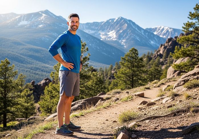 A confident man over 40 enjoying a mountain hike in Northern Colorado, representing vitality and health. A confident man over 40 enjoying a mountain hike in Northern Colorado, representing vitality and health.