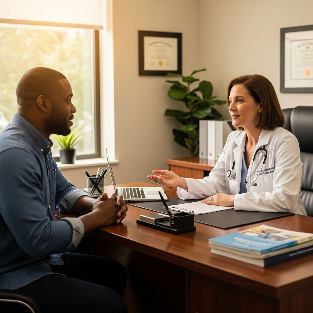 man discussing natural hormone balancing with a doctor