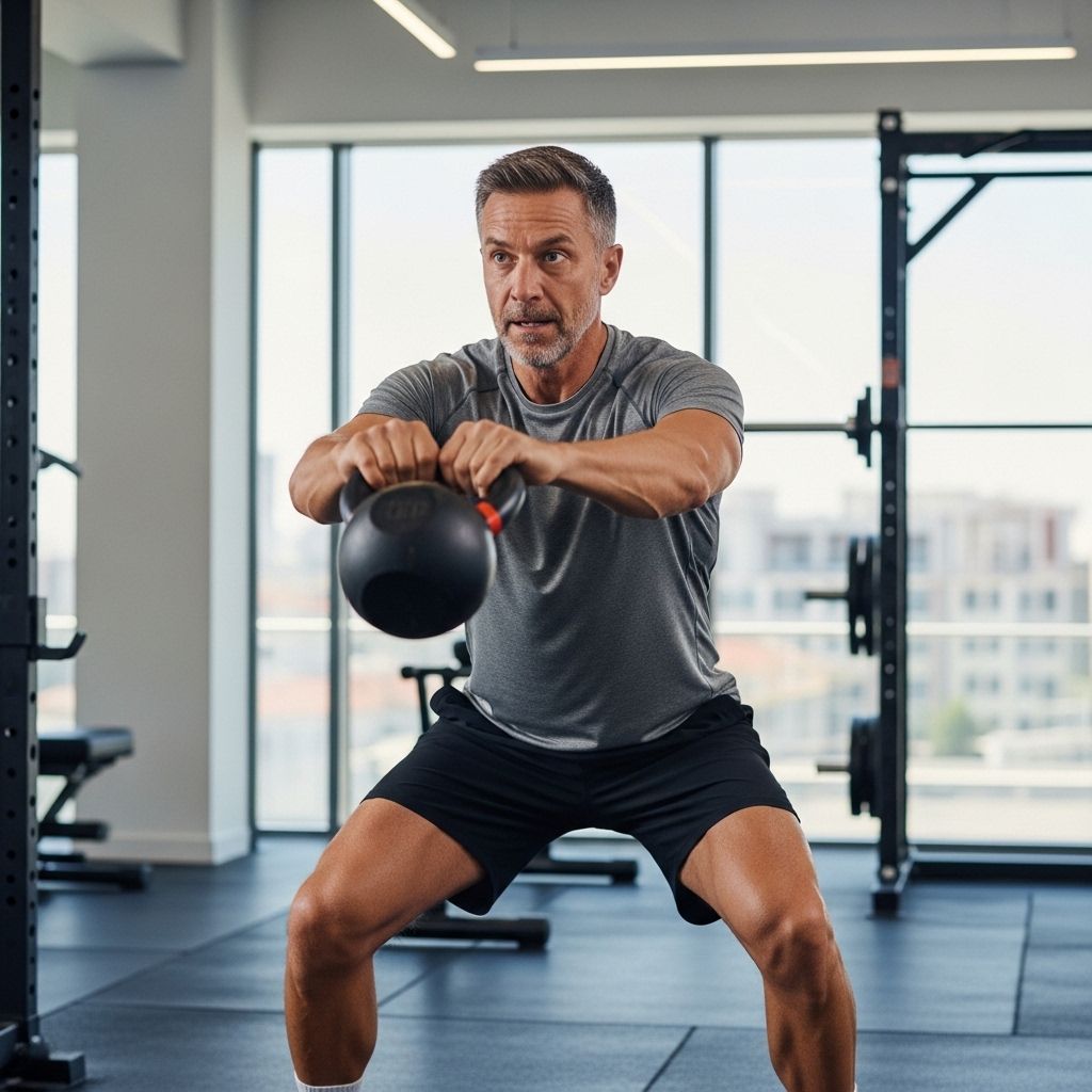 A man over 40 working out in a gym, showing improved muscle mass and strength.