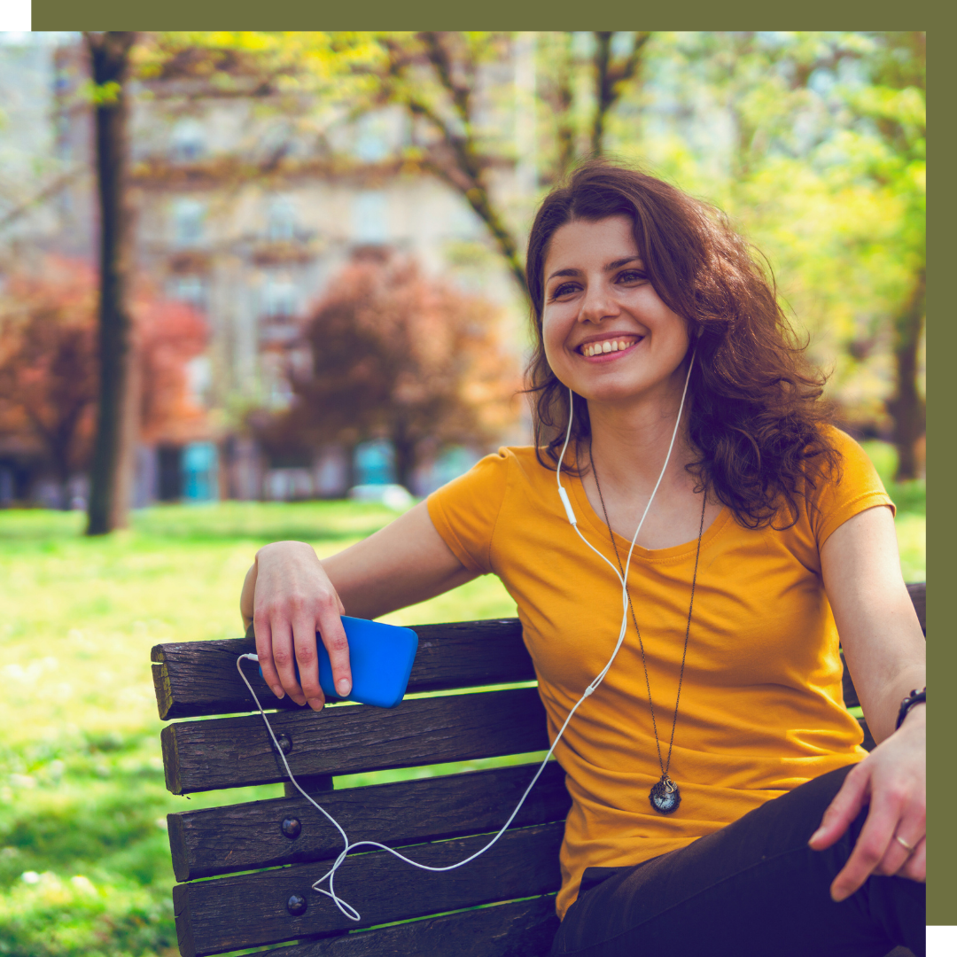 happy woman on bench