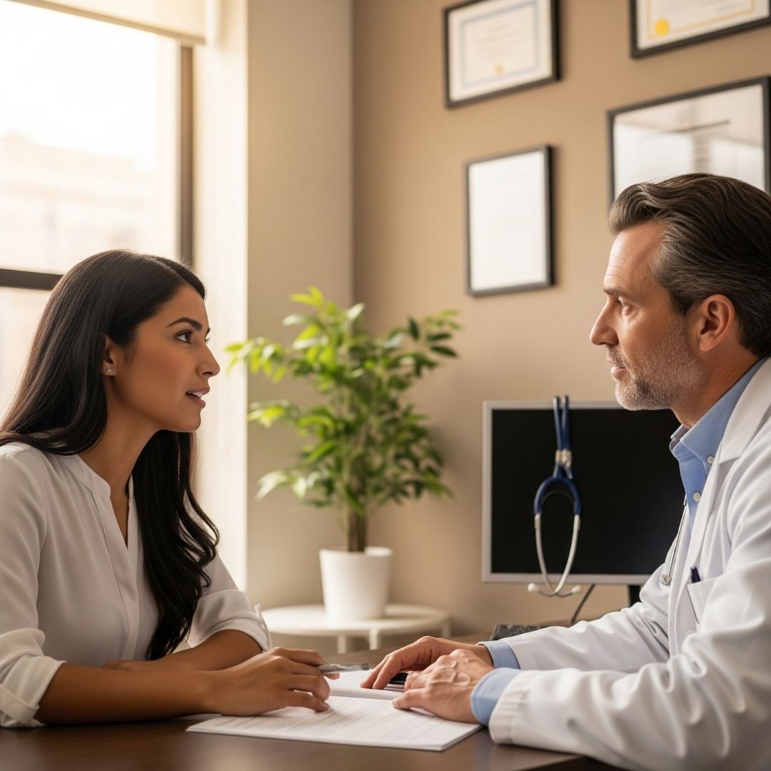 woman discussing hrt therapy concerns with a doctor