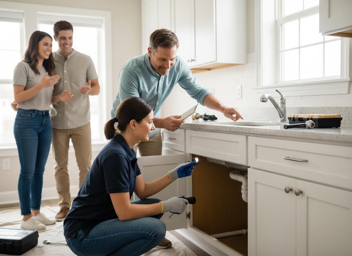 Professional plumber fixing kitchen sink with homeowners