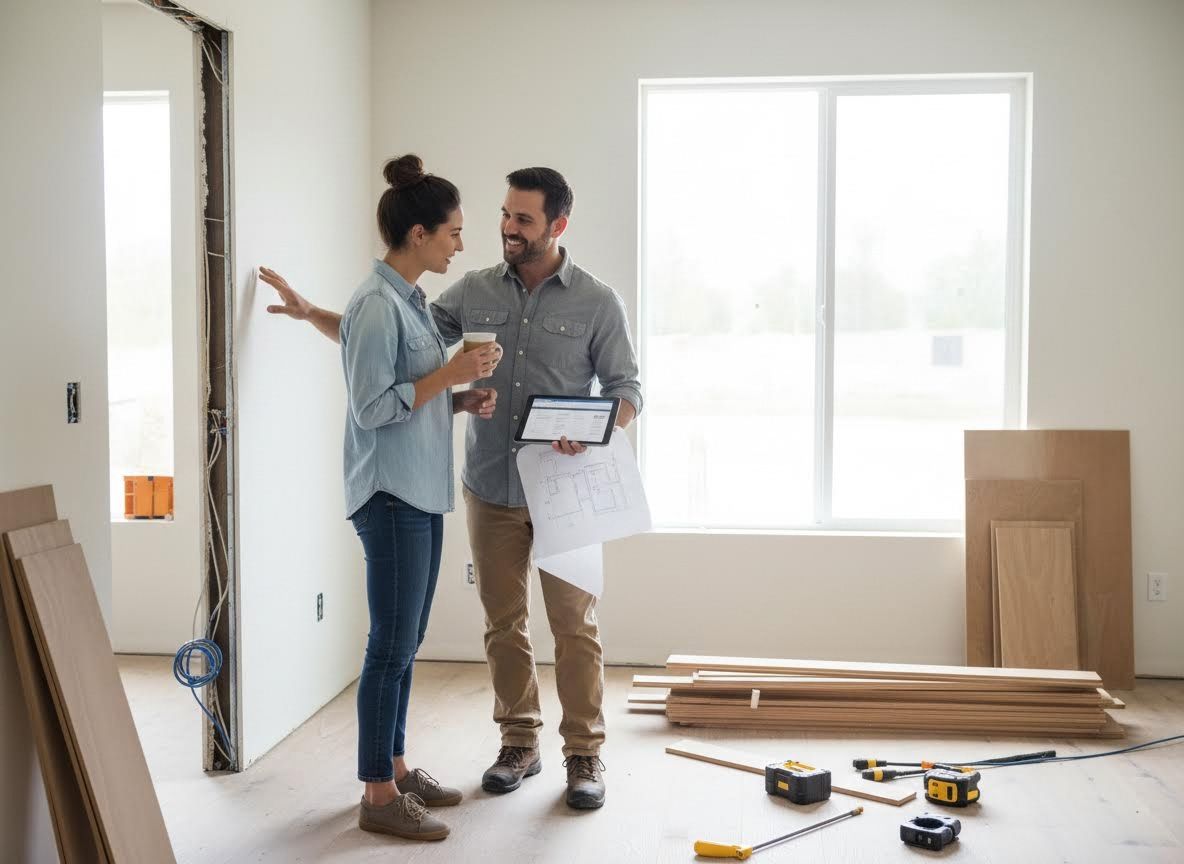 Couple planning home renovation with blueprints and tablet