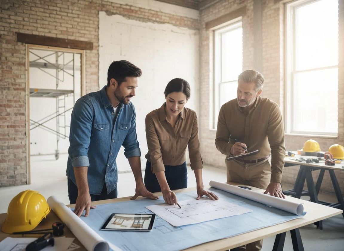 Three construction professionals, two men and one woman, gather around a table with blueprints and a tablet in a renovation site, discussing plans. Construction Team Reviewing Blueprints