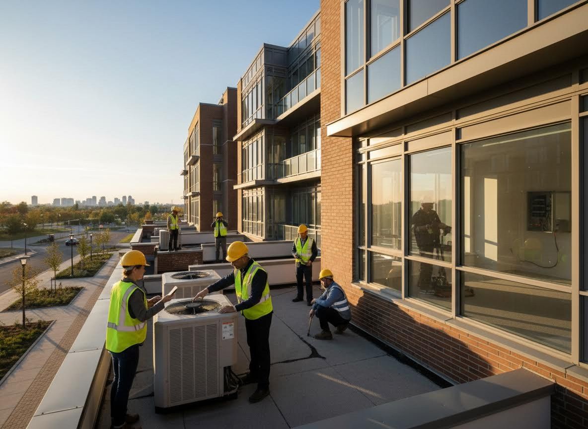 Construction crew working on rooftop HVAC units