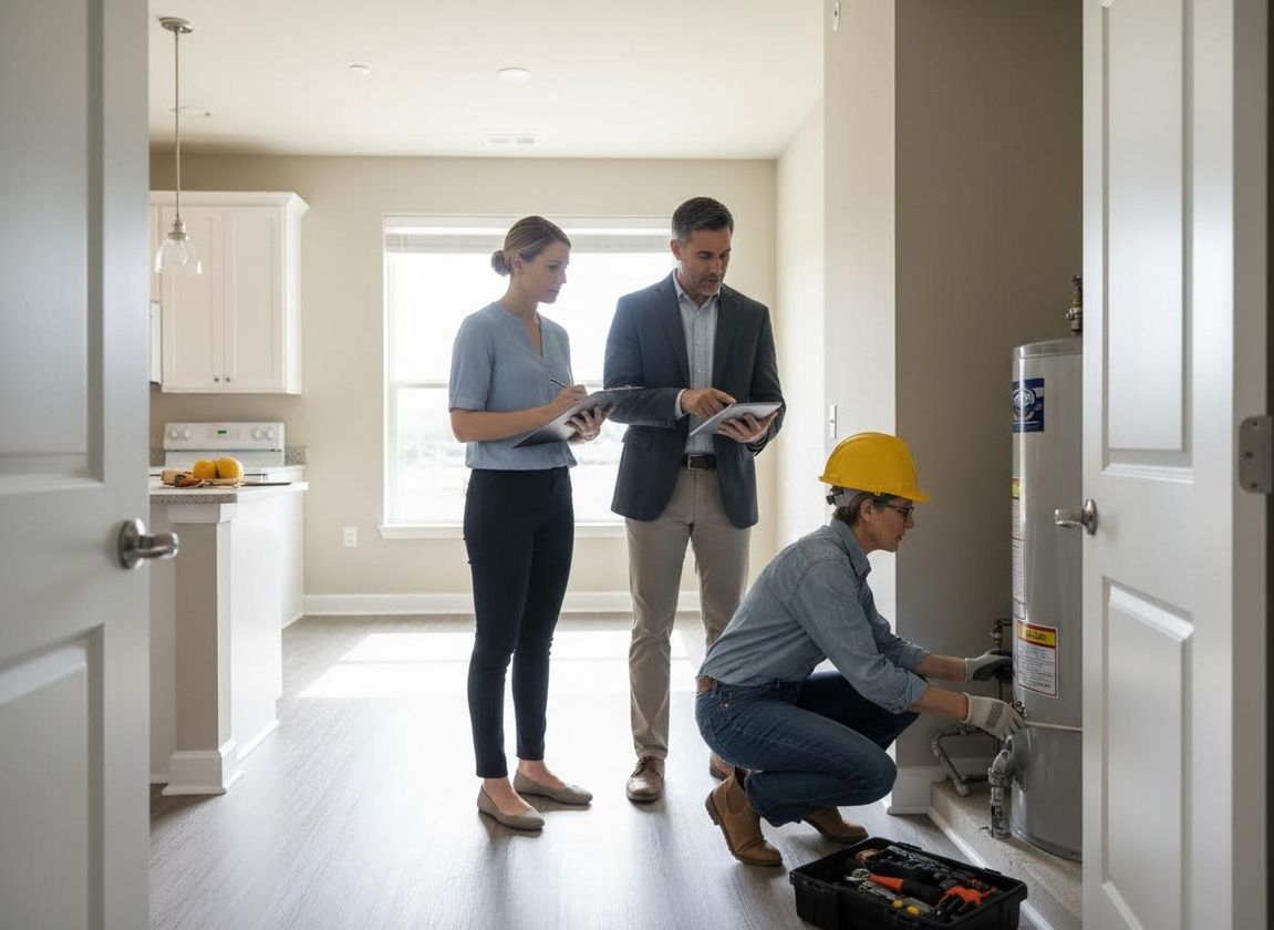 A technician in a hard hat inspects a water heater, observed by a woman with a clipboard and a man with a tablet in a modern home. Home Professionals Inspecting Water Heater