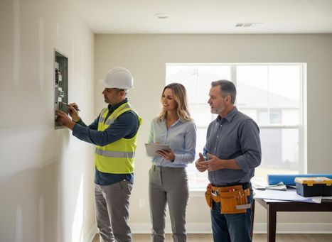 Construction professionals inspecting an electrical panel