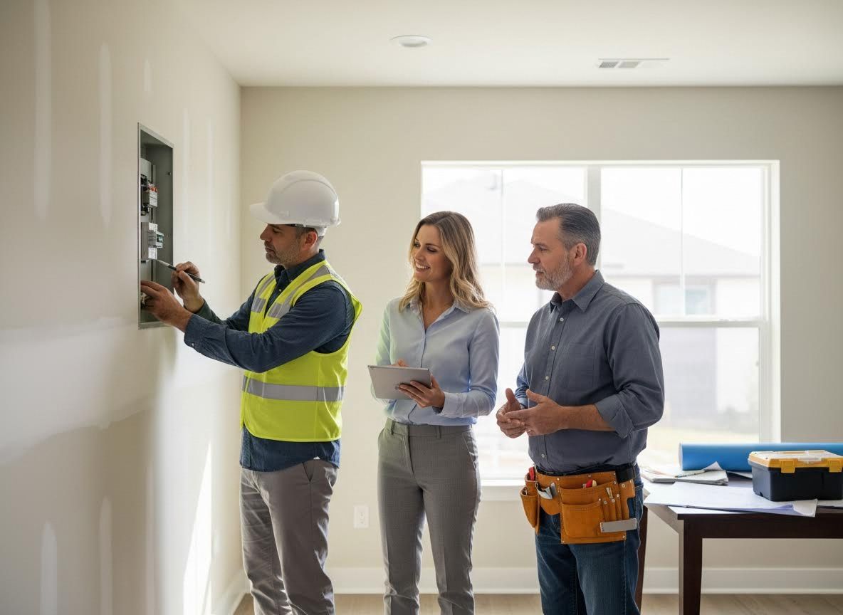Construction professionals inspecting an electrical panel