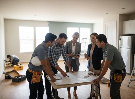 Construction Team Reviewing Blueprints and Renovation Plans