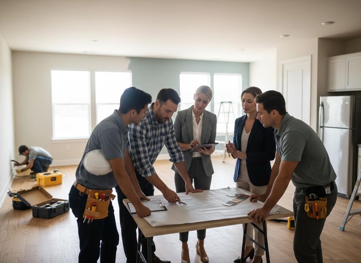 Five professionals, including builders and designers, reviewing blueprints and color samples for a home renovation project. Construction Team Reviewing Blueprints and Renovation Plans