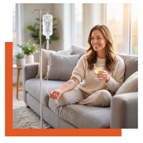Woman relaxing on a couch at home receiving IV hydration drip treatment.