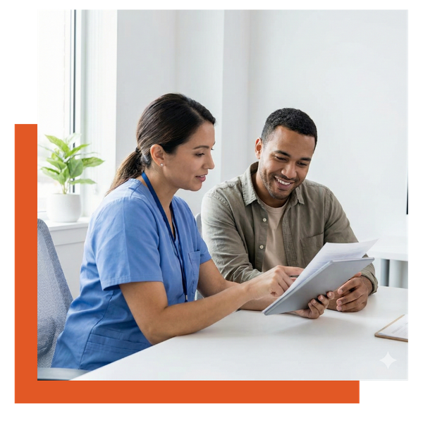 Female medical professional going over paperwork with a male patient