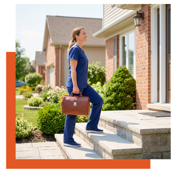 Healthcare provider in blue scrubs carrying a medical bag up the steps of a patient's home.