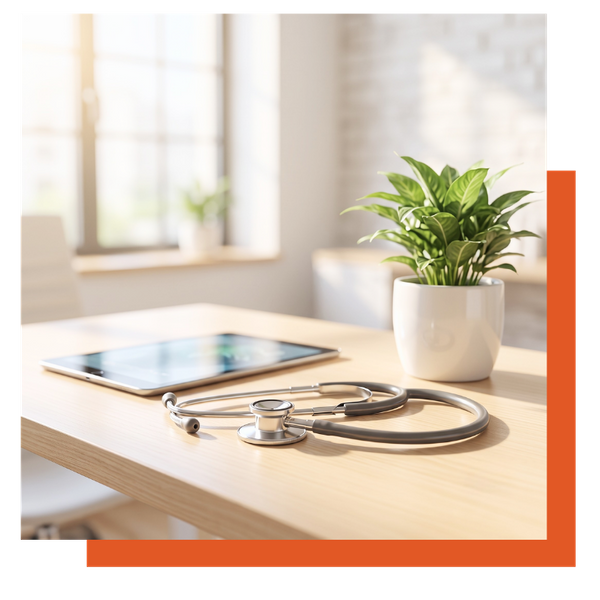 Stethoscope, digital tablet, and small potted plant sitting on a sunlit wooden desk.