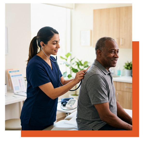 Nurse practitioner using a stethoscope to examine a male patient during an annual physical.