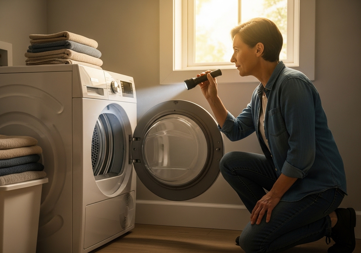 Woman Inspecting Dryer with Flashlight