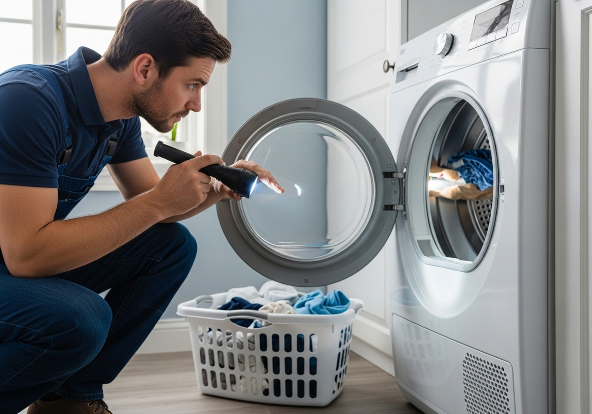 Repairman Inspecting Clothes Dryer with Flashlight