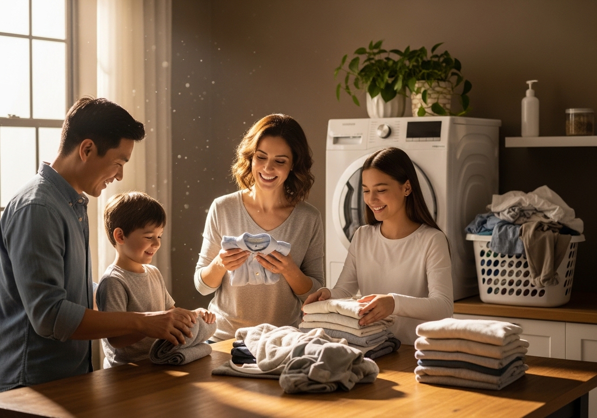 Family folding laundry